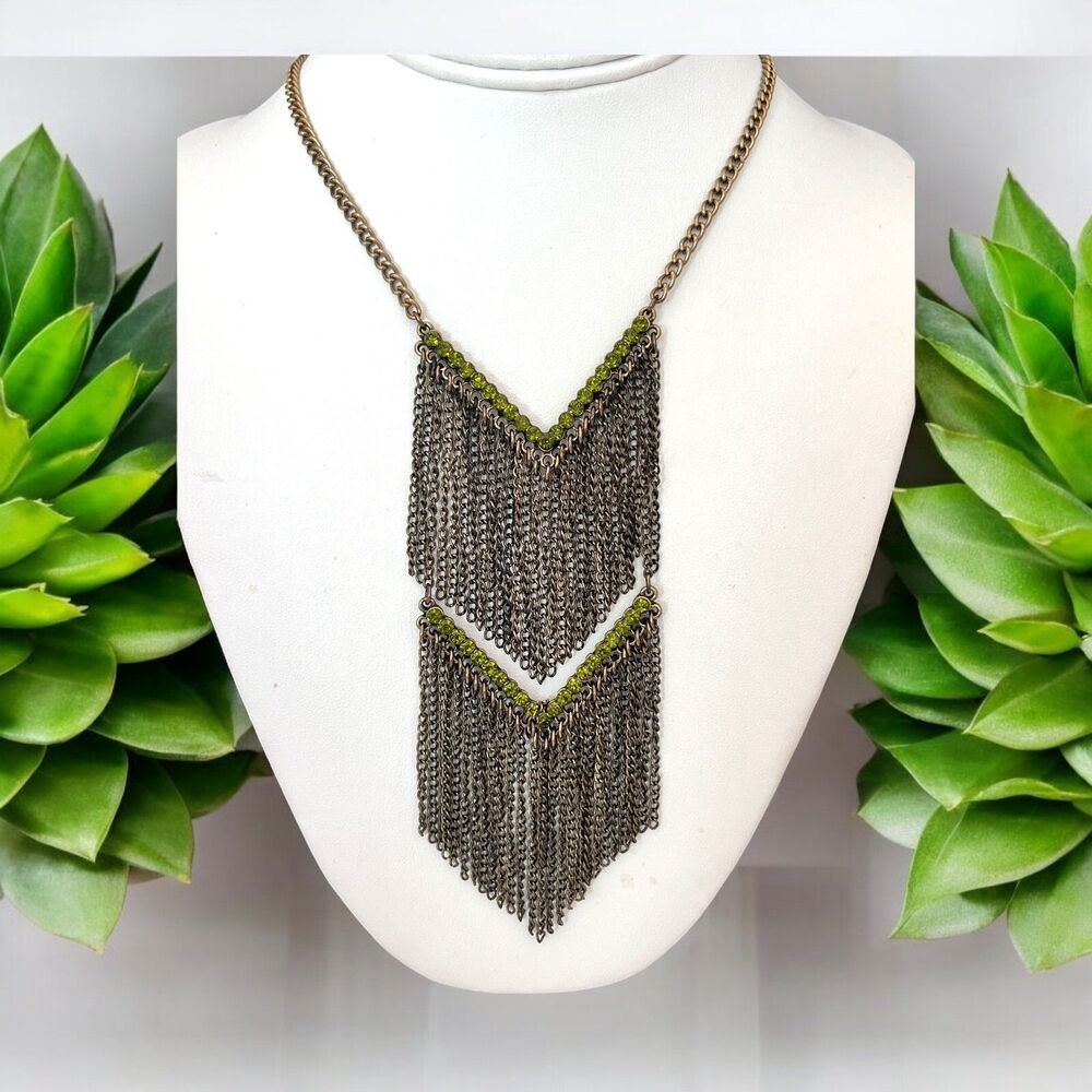 New Fringe Statement Necklace Antique Brass Green Crystals - 10F
